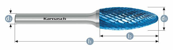 Karnasch HM freesstift Blue-Tec gecoat vlam/HP-3 d1= 6,0 / l2= 14 / d2= 6 / l1= 50mm Art: 115071010 BESTSELLER