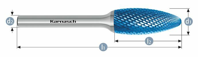 Karnasch HM freesstift Blue-Tec gecoat vlam/ HP-4 d1=16 / l2=36 / d2=6 / l1=82mm Art: 115072035