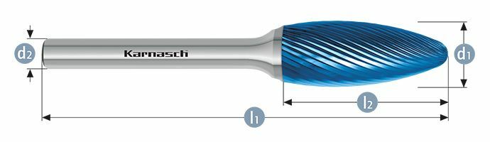 Karnasch HM freesstift Blue-Tec gecoat vlam/ HP-5 d1=10 / l2=20 / d2=6 / l1=65mm Art: 115073020