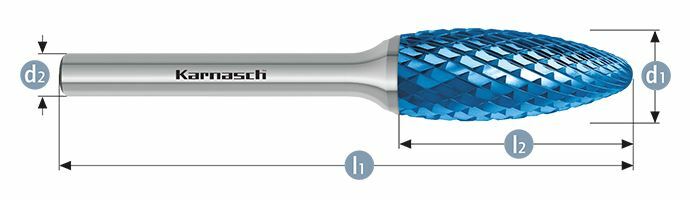 Karnasch HM freesstift Blue-Tec gecoat vlam/ HP-6 d1= 6,0 / l2= 14 / d2= 6 / l1= 50mm Art: 115074010