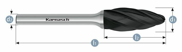 Karnasch HM freesstift Black-Tec gecoat vlam/ HP-7 d1=16 / l2=36 / d2=6 / l1=82mm Art: 115075035