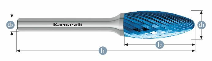 Karnasch HM freesstift Blue-Tec gecoat vlam/ HP-1 d1=16 / l2=36 / d2=8 / l1=82mm Art: 115077035