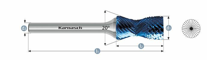 Karnasch HM freesstift Blue-Tec gecoat d1= 12,0 / l2= 25 / d2= 6 / l1= 70mm Combi+Curve Art: 116020100