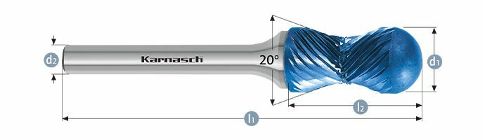 Karnasch HM freesstift Blue-Tec gecoat d1= 12,0 / l2= 25 / d2= 6 / l1= 70mm Combi+Curve Art: 116021100