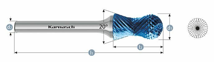 Karnasch HM freesstift Blue-Tec gecoat d1= 12,0 / l2= 25 / d2= 6 / l1= 70mm Combi+Curve Art: 116022100