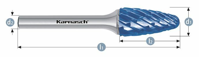 Karnasch HM freesstift Blue-Tec gecoat RBF/ HP-8 d1= 12 / l2= 25 / d2= 6 / l1= 70mm Art: 116046025