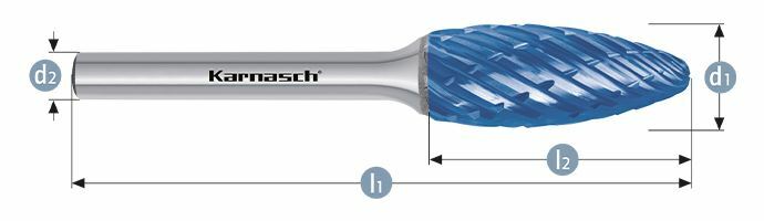 Karnasch HM freesstift Blue-Tec gecoat vlam/HP-8 d1= 12 / l2= 32 / d2= 6 / l1= 77mm Art: 116048025