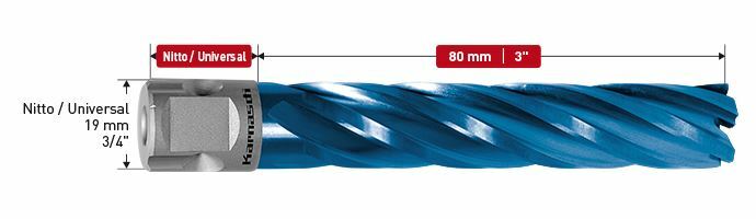 Karnasch HSS-XE+DURABLUE gecoate Kernboor, Nitto/Uni-opname 19mm, snijdiepte 80 mm, Blue-Line80 Ø1-1/4" Art: 201125070