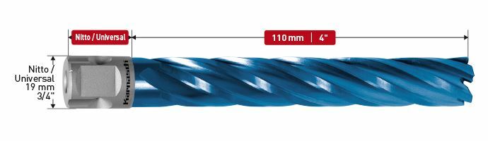 Karnasch HSS-XE+DURABLUE gecoate Kernboor, Nitto/Uni-opname 19mm, snijdiepte 110 mm, Blue-Line110 Ø25mm Art: 201180N025