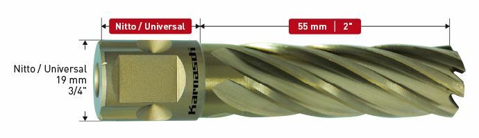 Karnasch HSS-XE kernboor, Nitto/Uni-opname 19mm, snijdiepte 55mm, Gold-Line55 Ø42mm Art: 201270N042