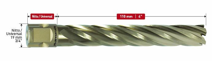 Karnasch HSS-XE kernboor, Nitto/Uni-opname 19mm, snijdiepte 110mm, Gold-Line110 Ø36mm Art: 201280N036