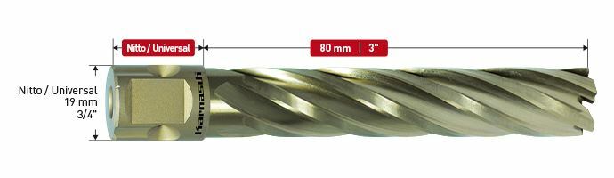 Karnasch HSS-XE kernboor, Nitto/Uni-opname 19mm, snijdiepte 80mm, Gold-Line80 Ø24mm Art: 201285N024