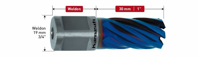 Karnasch HSS-XE+DURABLUE-gecoate Kernboor, Nitto/Uni-opname 19mm, snijdiepte 30 mm, Blue-Line30 Ø33mm Art: 201312N033