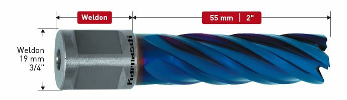 Karnasch HSS-XE+DURABLUE-gecoate Kernboor, Nitto/Uni-opname 19mm, snijdiepte 55 mm, Blue-Line55 Ø27mm Art: 201313N027