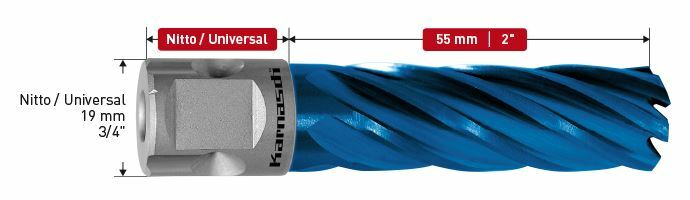 Karnasch HSS-XE+DURABLUE-gecoate Kernboor, Nitto/Uni-opname 19mm, snijdiepte 55 mm, Blue-Line55 Ø59mm Art: 201313N059
