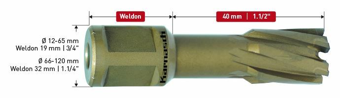 Karnasch HM kernboor, Weldonopname 32 mm, snijdiepte 40 mm, Hard-Line40 Ø74mm Art: 201315074