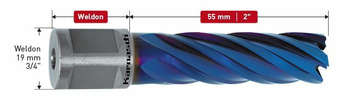 Karnasch PM+DURABLUE-gecoate Kernboor, Weldonopname 19mm, snijdiepte 55mm, Blue-Line55PRO / Blue-Line-Rail 55PRO Ø14mm Art: 201317014