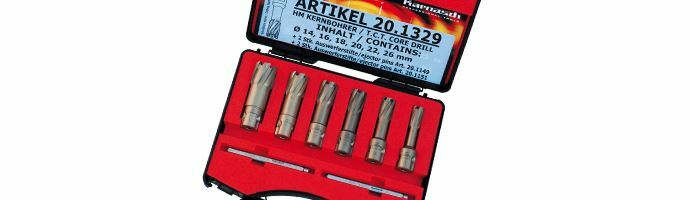 Karnasch Set BASIC, Hard-Line40 6 HM kernboor: snijdiepte 40mm, Nitto/Uni-opname 19mm, elk 1 Stk. Ø14, 16, 18, 20, 22, 26mm, 1 uitwerpstift 6,34x90mm, voor Ø12-17mm 1 uitwerpstift 7,98x90mm, voor Ø18-26mm Art: 201329