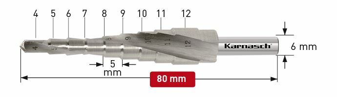 Karnasch trappenboor HSS-XE gespiraliseerd - 2 Snijkanten 4-12mm BESTSELLER Art: 201447U