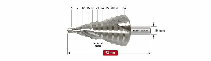 Karnasch trappenboor HSS-XE gespiraliseerd - 2 snijkanten 6-36mm Art: 201450U