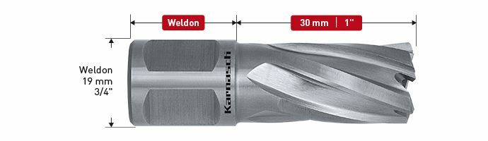 Karnasch HSS-XE kernboor, Weldonopname 19mm, snijdiepte 30mm, Silver-Line Rail30 Ø34mm Art: 201460034
