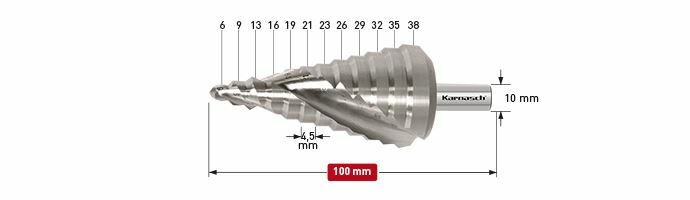 Karnasch trappenboor HSS-XE gespiraliseerd - 2 snijkanten 6-38mm Art: 201470U