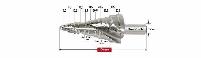 Karnasch trappenboor HSS-XE gespiraliseerd - 2 snijkanten 7-32,5mm Art: 201471U