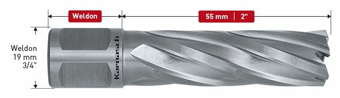 Karnasch HSS-XE kernboor, Weldonopname 19mm, snijdiepte 55mm, Silver-Line Rail55 Ø21mm Art: 201480021
