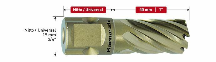 Karnasch HSS-XE kernboor, Nitto/Uni-opname 19mm, snijdiepte 30 mm, Gold-Line30 Ø7/16" Art: 201610005