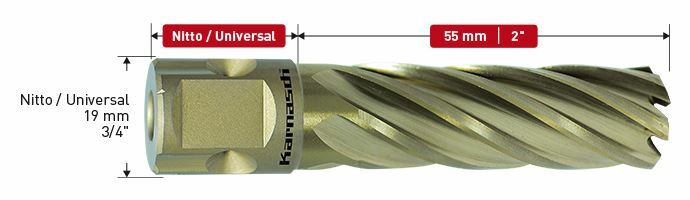 Karnasch HSS-XE kernboor, Nitto/Uni-opname 19mm, snijdiepte 55 mm, Gold-Line55 Ø11/16" Art: 201620025