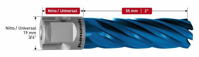Karnasch HSS-XE+DURABLUE-gecoate Kernboor, Nitto/Uni-opname 19mm, snijdiepte 55 mm, Blue-Line55 Ø7/8" Art: 201621040