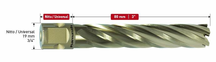 Karnasch HSS-XE kernboor, Nitto/Uni-opname 19mm, snijdiepte 80 mm, Gold-Line80 Ø1-3/16" Art: 201625065
