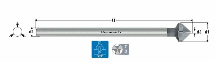 Karnasch verzinker 90°, HSS-XE, extra lange 3-vlaksopname DIN 335 Ø15,0mm Art: 201725050