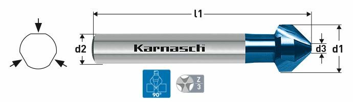 Karnasch verzinker 90°, HSS-XE+Blue-Tec gecoat, 3-vlaksopname, DIN 335 Ø8,3mm Art: 201745090