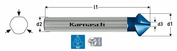 Karnasch verzinker 90°, HSS-XE+Blue-Tec, RAPID-CUT 3-vlaksopname, DIN 335 Ø6,3mm Art: 201765010