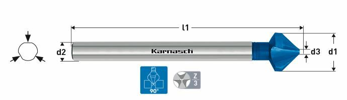 Karnasch verzinker 90°, HSS-XE Blue-Tec gecoat lange 3-vlaksopname DIN 335 Ø8,3mm Art: 201770020