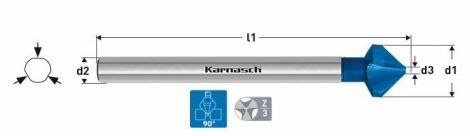Karnasch HSS-XE verzinker 90°, lange 3-vlaksopname, Blue-Tec gecoat