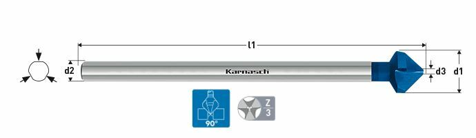Karnasch verzinker 90°, HSS-XE Blue-Tec gecoat extra lange 3-vlaksopname DIN 335 Ø16,5mm Art: 201775060