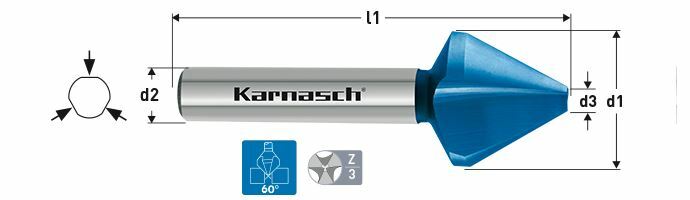 Karnasch verzinker 60°, HSS-XE+Blue-Tec gecoat, 3-vlaksopname, DIN 334 Ø8,0mm Art: 4030300080