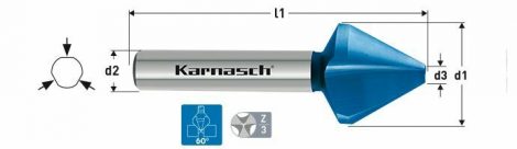 Karnasch HSS-XE verzinker 60°, 3-vlaksopname, Blue-Tec gecoat