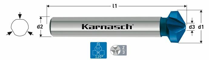 Karnasch verzinker 120°, HSS-XE+Blue-Tec gecoat, 3-vlaksopname, Ø8,3mm Art: 4030400083