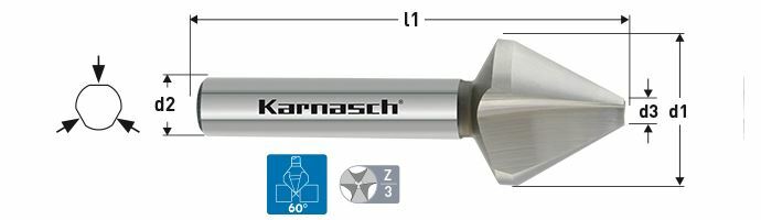 Karnasch verzinker 60°, HSS-XE 3-vlaksopname, DIN 334 Ø12,5mm Art: 4040300125