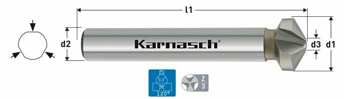 Karnasch verzinker 120°, HSS-XE 3-vlaksopname, Werksnorm Ø10,4mm Art: 4040400104