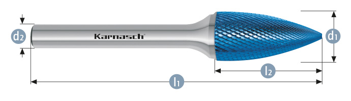 Karnasch HM freesstift Blue-Tec gecoat MICRO SPG / HP-11 d1= 3,0 / l2= 14,0 / d2= 3 / l1= 38mm Art: 116085020