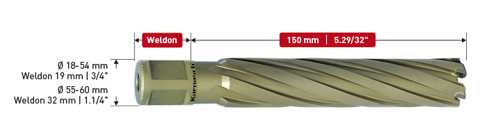 Karnasch HM kernboor, Weldonopname 19 mm, snijdiepte 150 mm, Hard-Line150 Ø22mm Art: 201665022