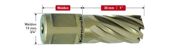 Karnasch HSS-XE kernboor, Weldon-opname 19mm, snijdiepte 30 mm, Gold-Line30 Ø1-3/4" Art: 201910110