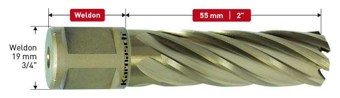 Karnasch HSS-XE kernboor, Weldon-opname 19mm, snijdiepte 55 mm, Gold-Line55 Ø5/8" Art: 201920020