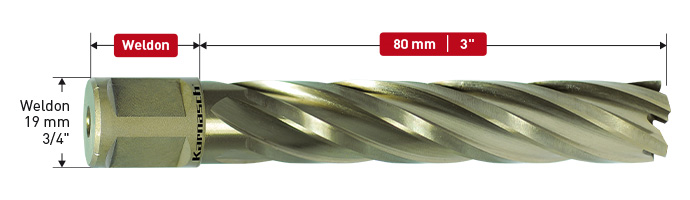 Karnasch HSS-XE kernboor, Weldon-opname 19mm, snijdiepte 80 mm, Gold-Line80 Ø1-15/16" Art: 201925125
