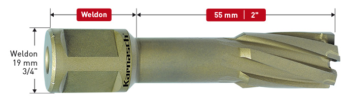 Karnasch HM kernboor, Weldon-opname 19 mm, snijdiepte 55 mm, Hard-Line55 Ø15/16" Art: 201940045