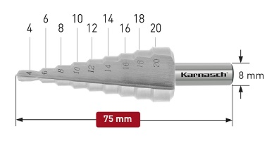 Karnasch trappenboor HSS-XE, rechte spaangroef, 2-Schneiden Ø4-20mm Art: 213031 BESTSELLER